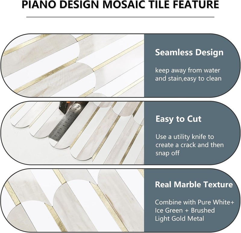 Vamos Tile Peel and Stick Backsplash Seamless Tile for Kitchen and Bathroom,1-Sheet White and Glossy Wooden Marble PVC Mixed Light Gold Self Adhesive Fish Scale Metal Mosaic Tiles - Image 3